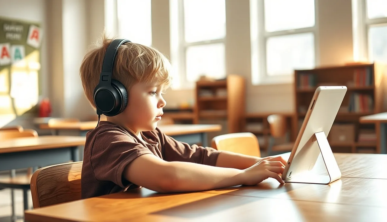 Child with headphones using a tablet with adaptive reading technology at a school desk