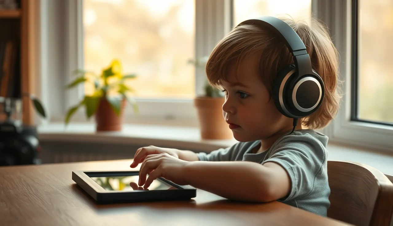 Child wearing headphones uses a tablet with adaptive learning tools at a desk