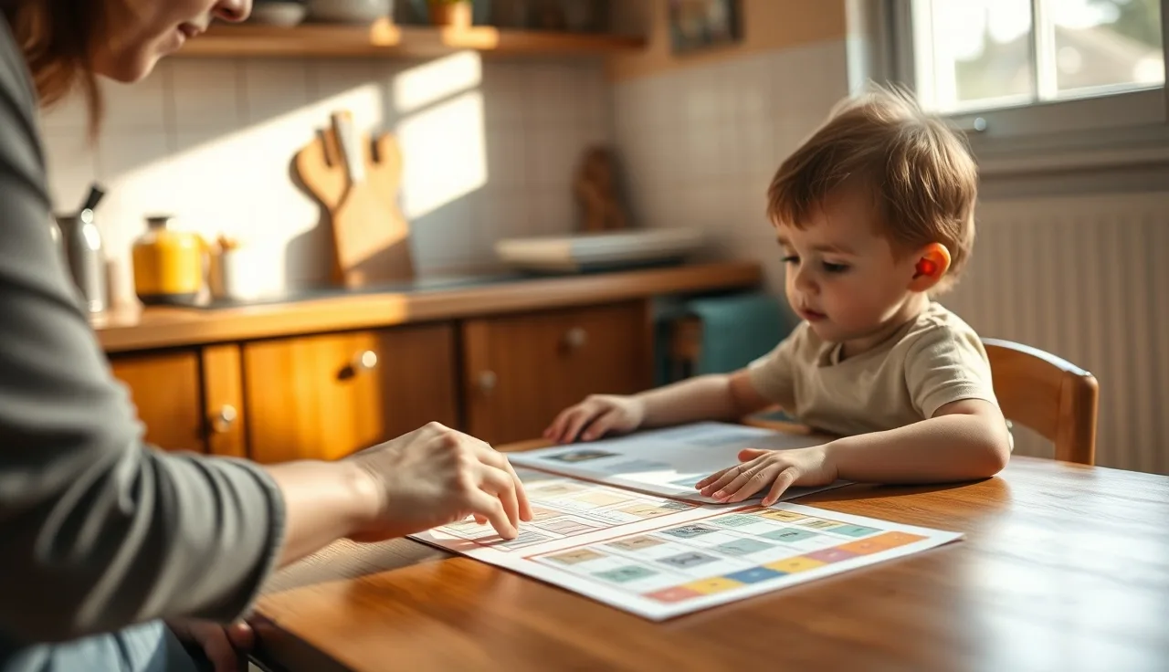 Child and parent working together on reading worksheets at a kitchen table