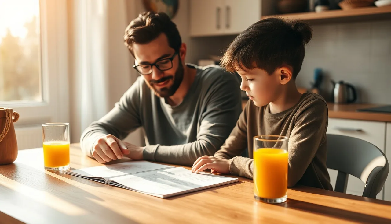 Parent and child reviewing written notes at kitchen table in morning light