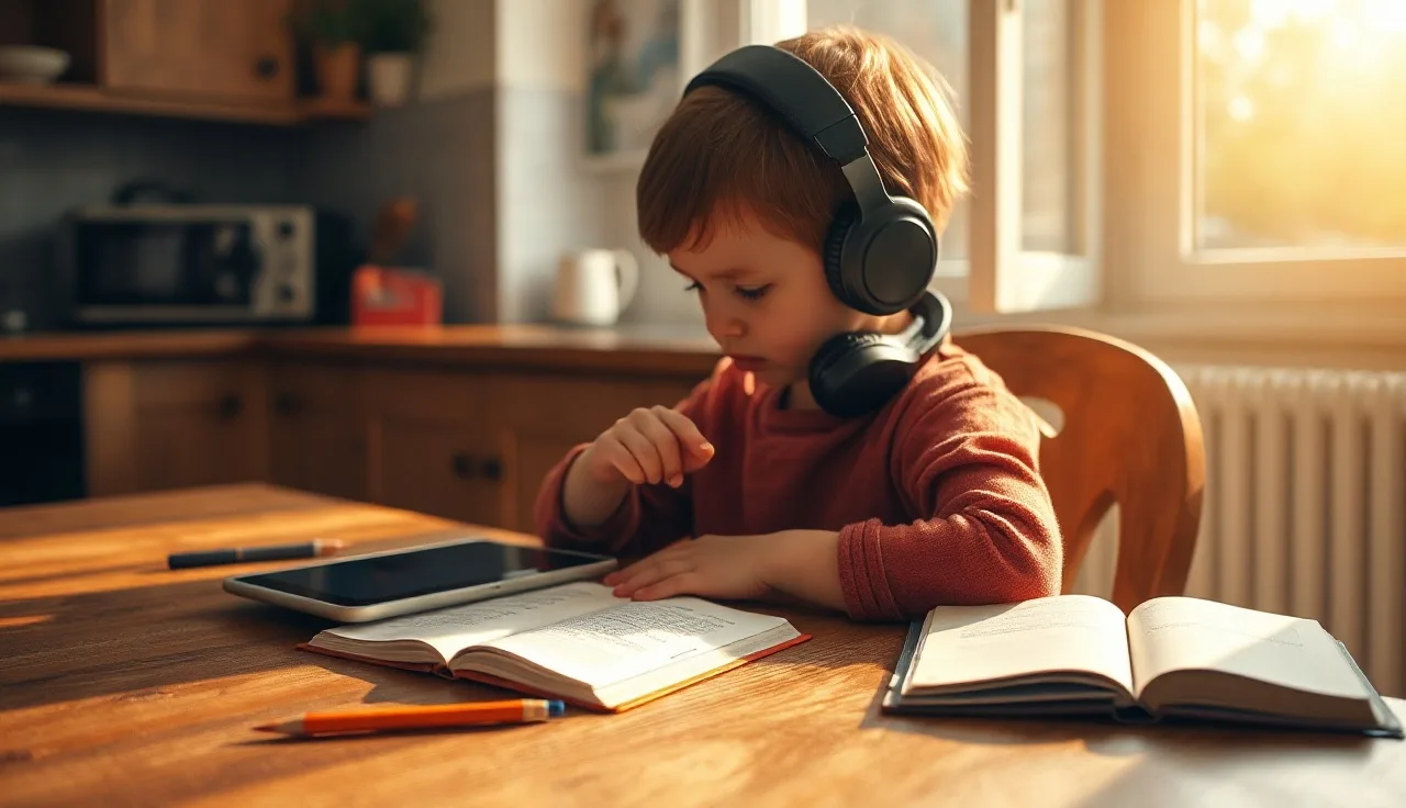 Child using a tablet with headphones at a kitchen table, assistive technology for learning