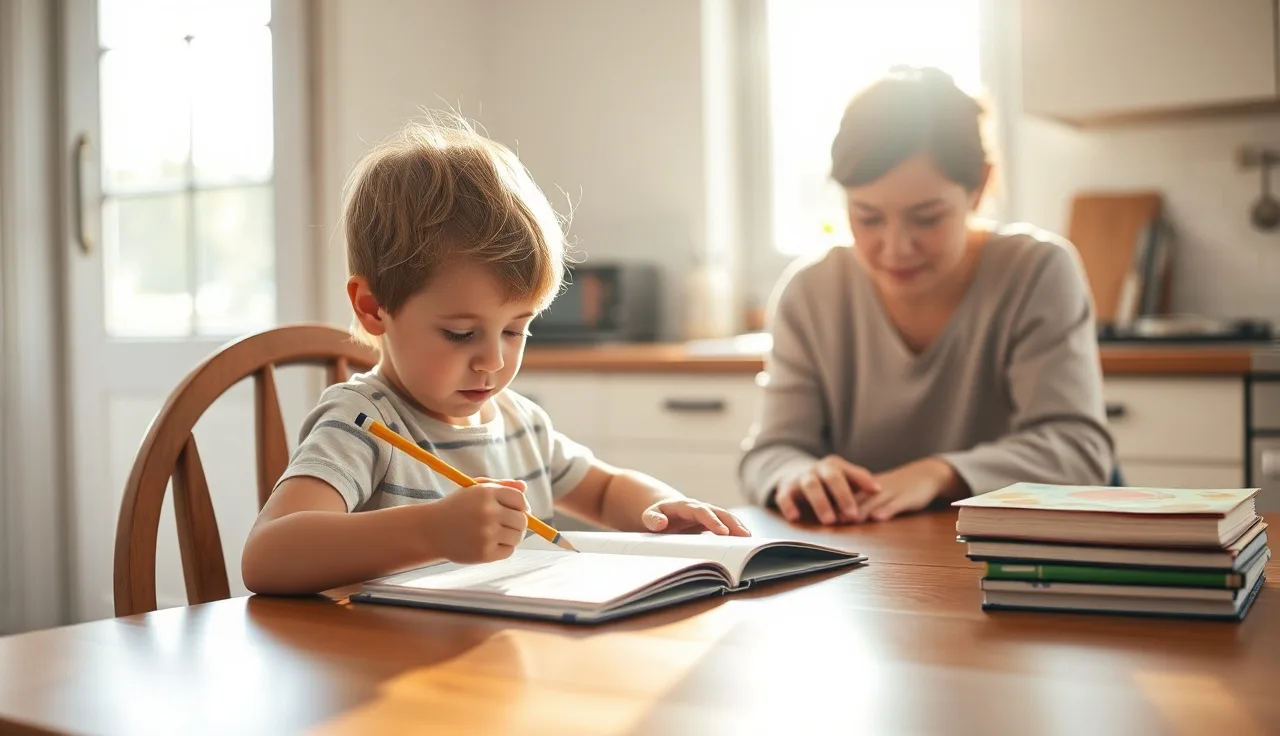 Child and parent working together at a table on reading and learning tasks