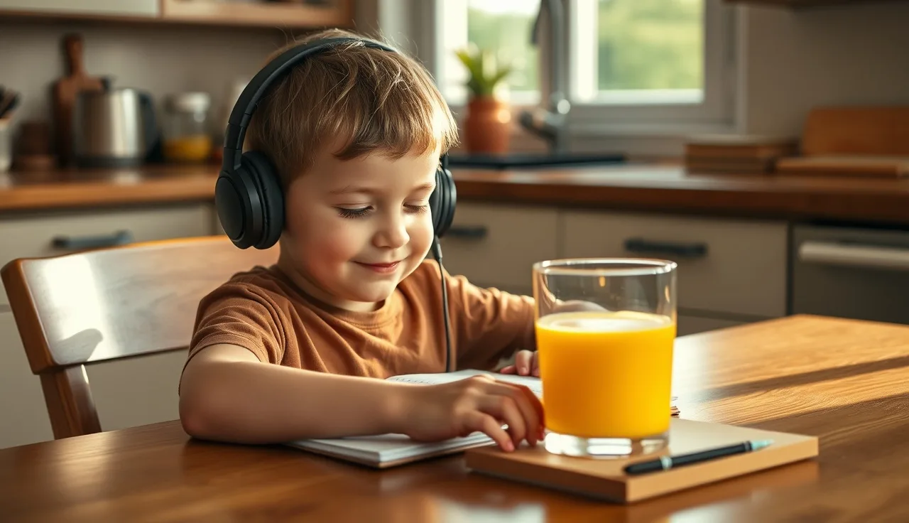 Child with headphones listening to an audiobook at a sunlit kitchen table
