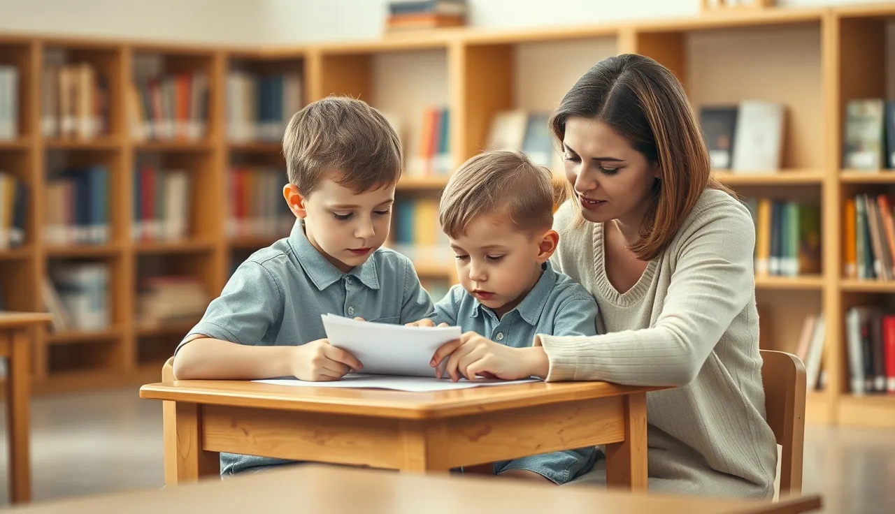 A child and adult reviewing behavior IEP goal documents at a classroom table