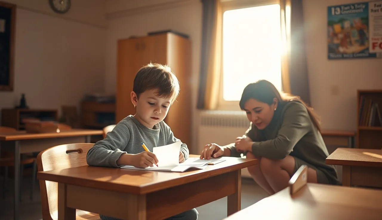 Child and teacher working together at a classroom desk with afternoon sunlight
