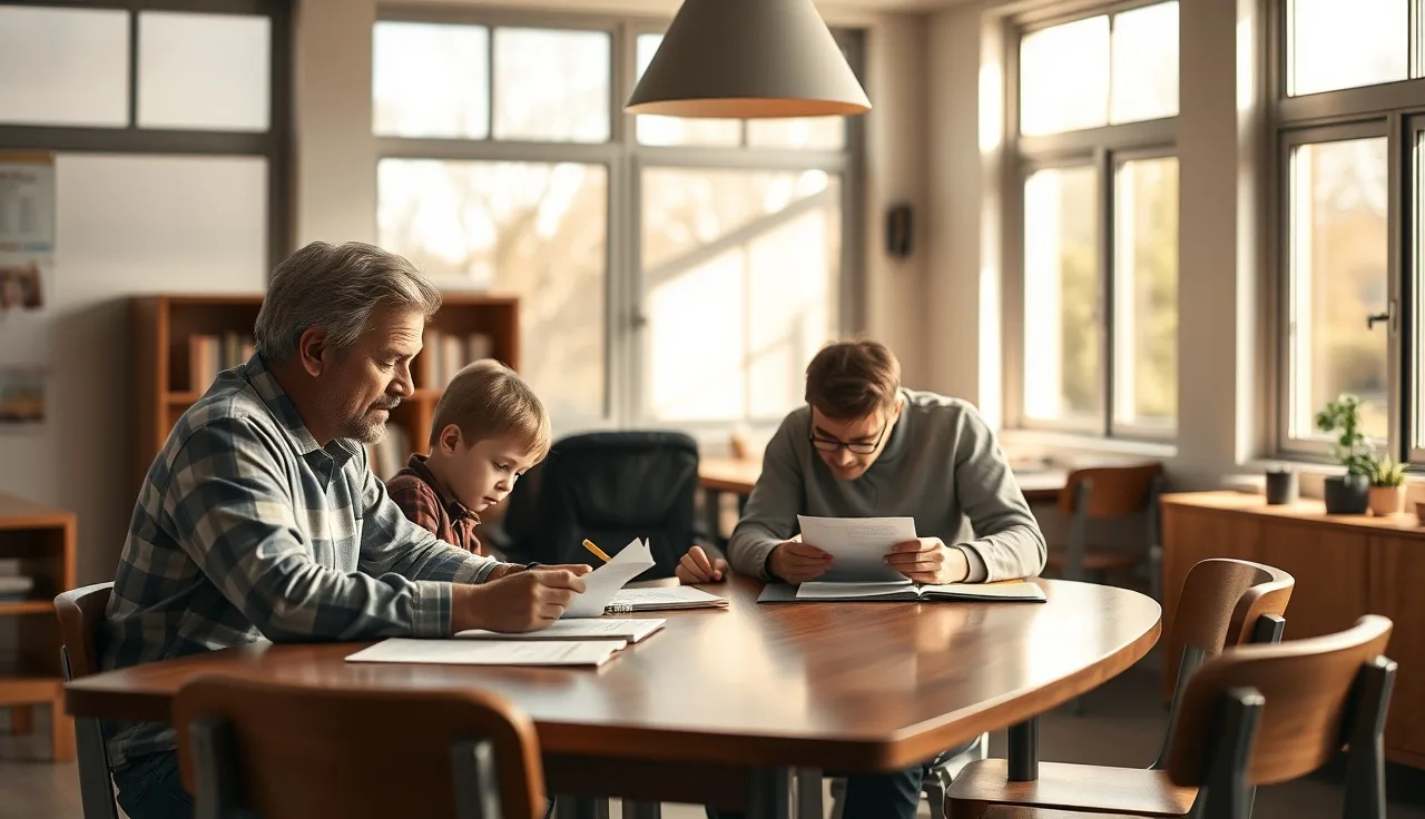 Adults and child reviewing documents at a school meeting table in sunlight