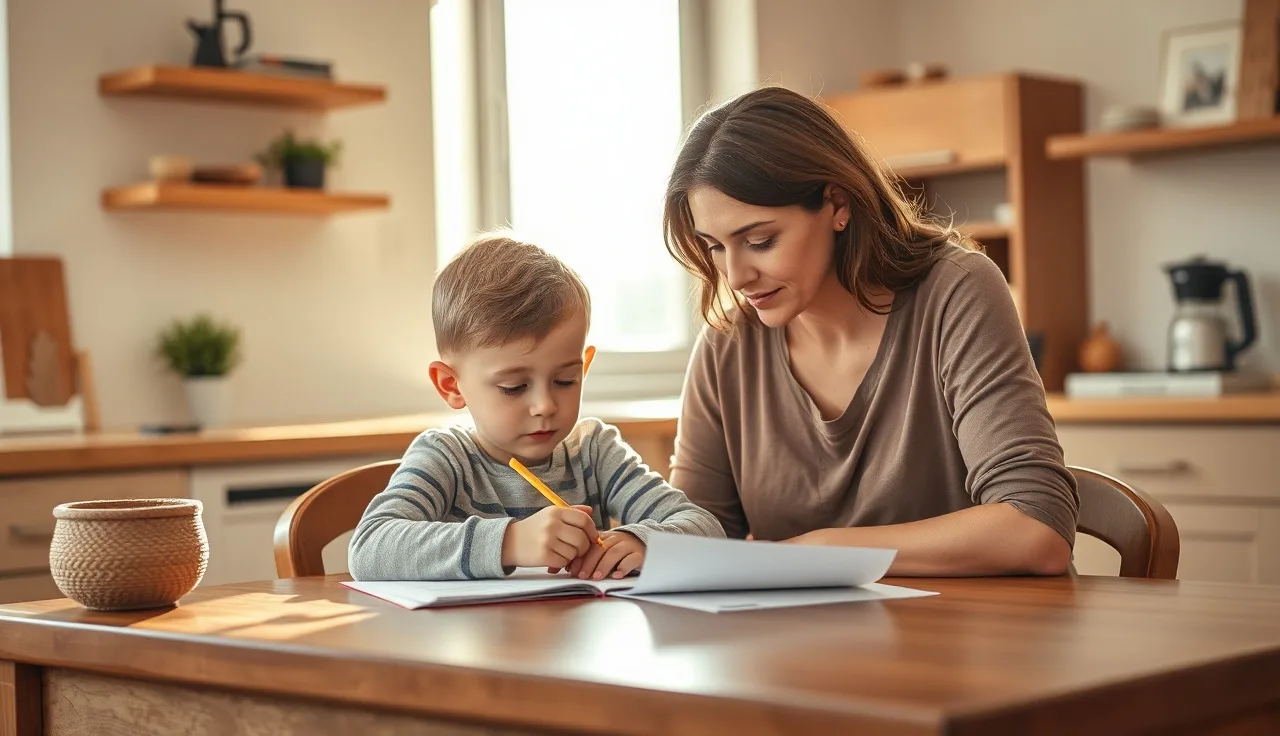 Mother and young son reviewing schoolwork together at a kitchen table