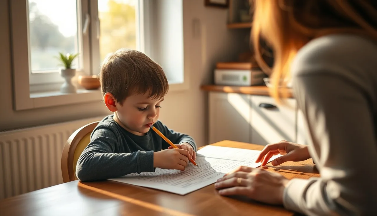 Child working on reading worksheets at a kitchen table with adult support