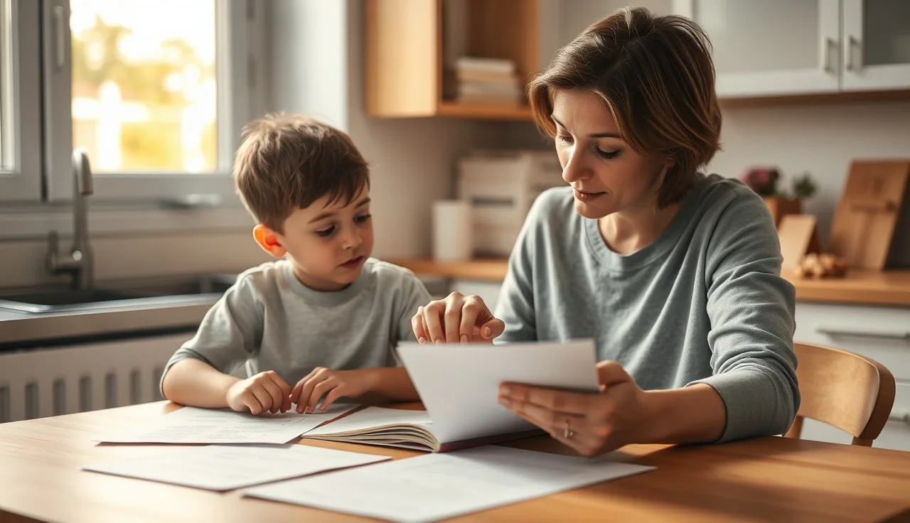 Parent and child at kitchen table reviewing school paperwork together