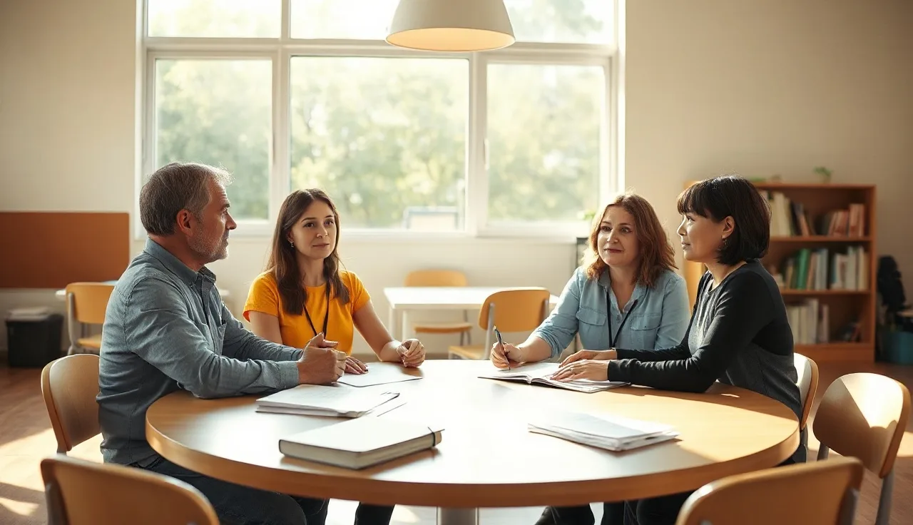 Parent and school staff reviewing IEP documents together at a school table