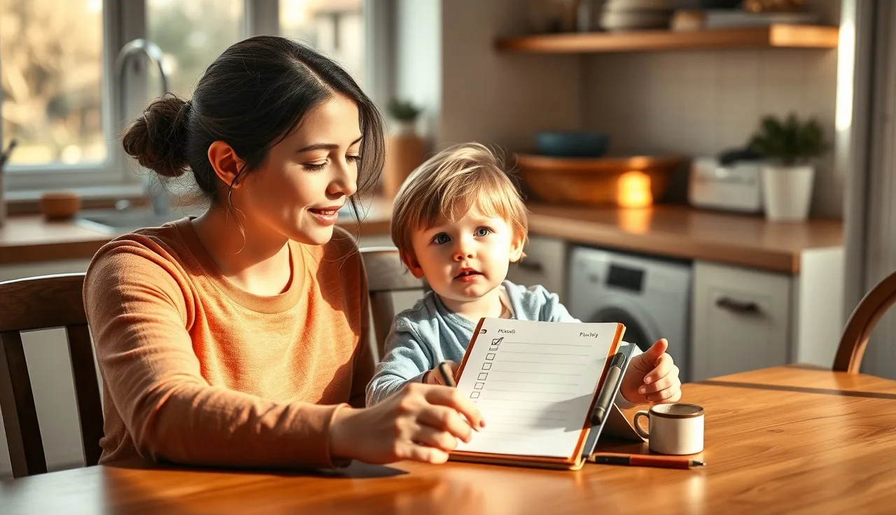 Mother and child reviewing a written checklist together at a kitchen table