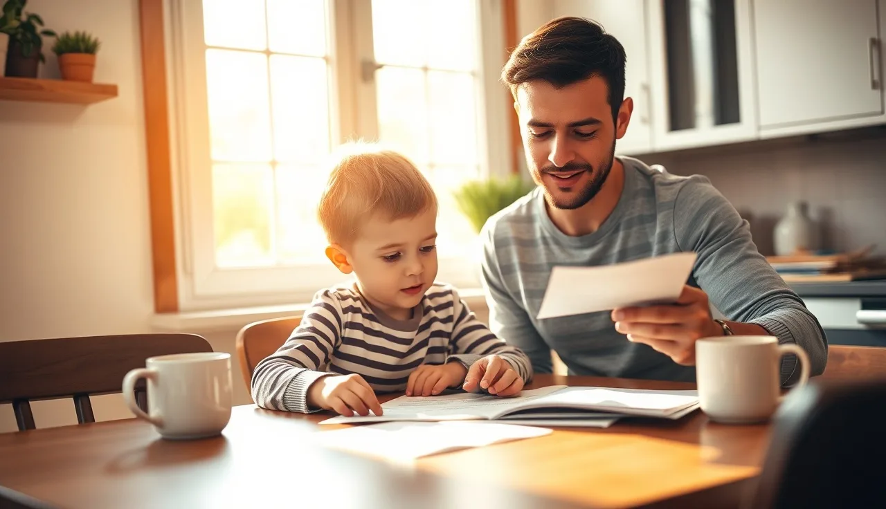 Parent and child reviewing school documents together at a kitchen table