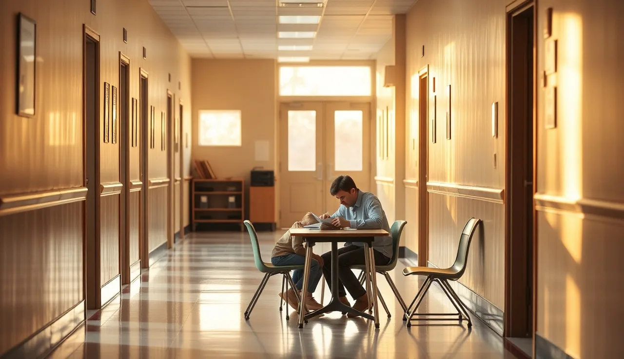 Parent and school administrator reviewing a 504 plan at a hallway table