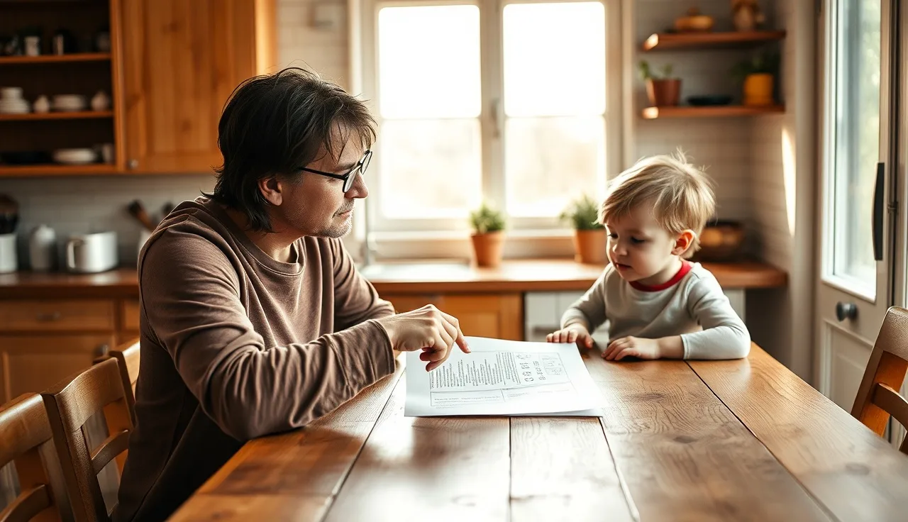 Parent helping child review school paperwork at a kitchen table