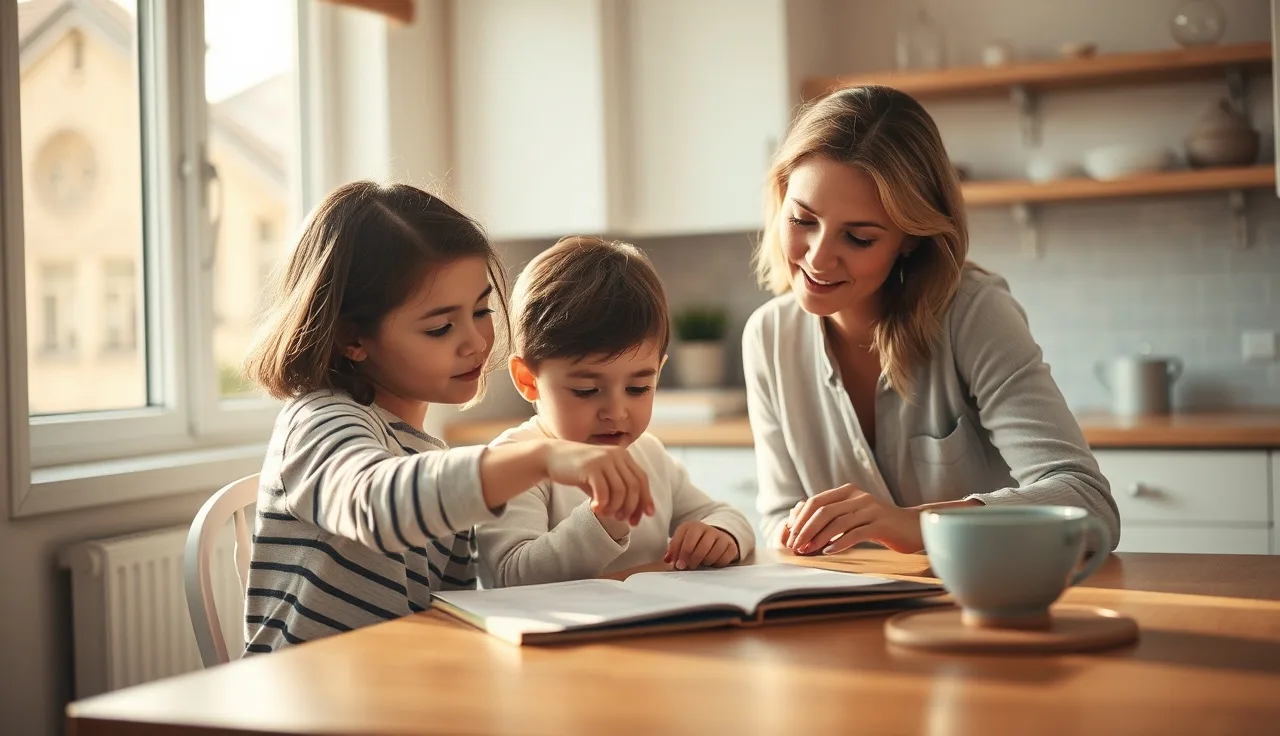 Mother and young child reviewing schoolwork together at a kitchen table