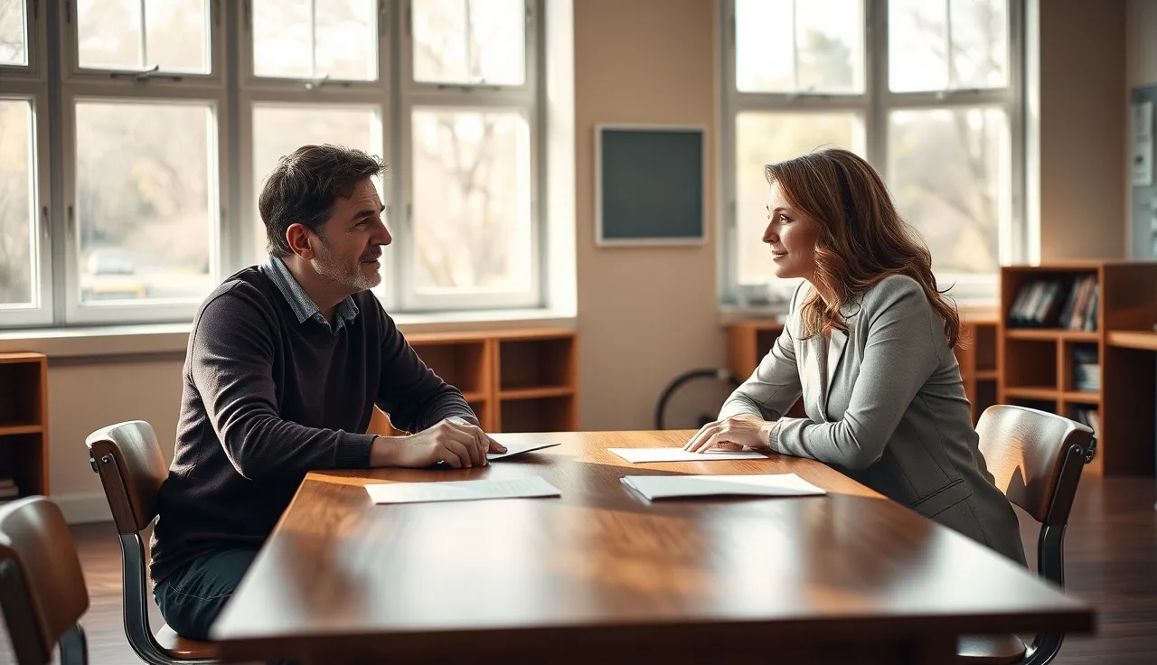 Parent and school administrator meeting at a table to discuss a child's accommodation plan