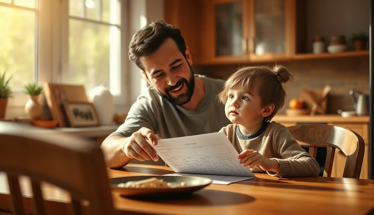 Parent and child at kitchen table reviewing schoolwork together in morning light