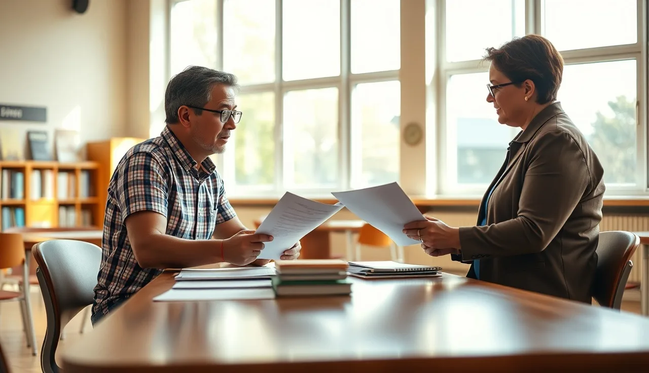 Parent and school administrator reviewing IEP documents together at a conference table