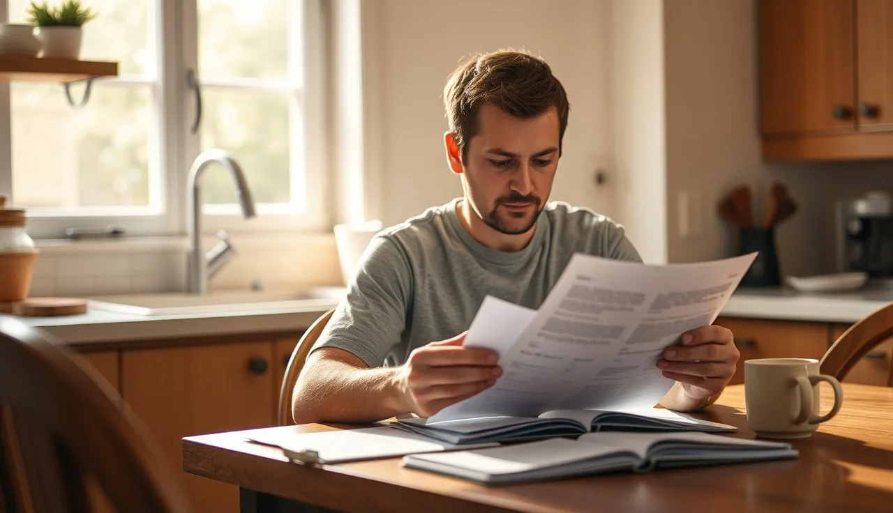 Parent reviewing special education appeal documents at kitchen table in afternoon light