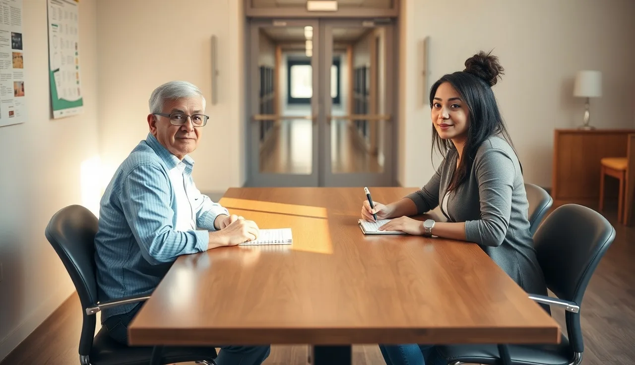 Parent and advocate seated together at a school conference table preparing for an IEP meeting