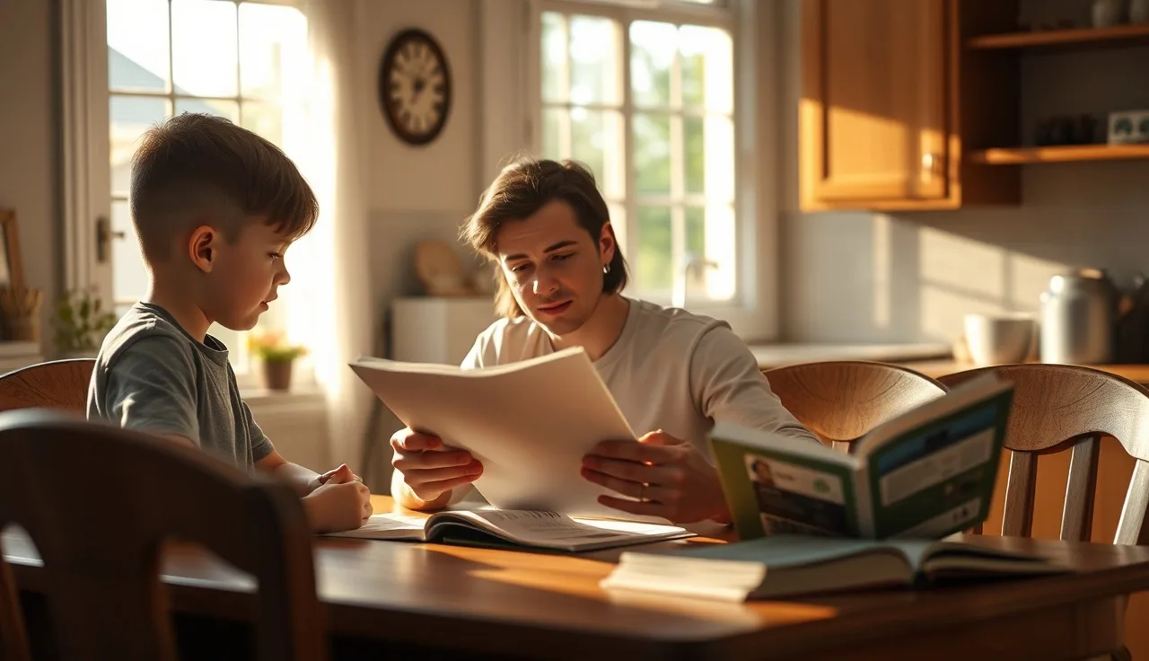 Parent reviewing school documents at kitchen table while child sits nearby with a book