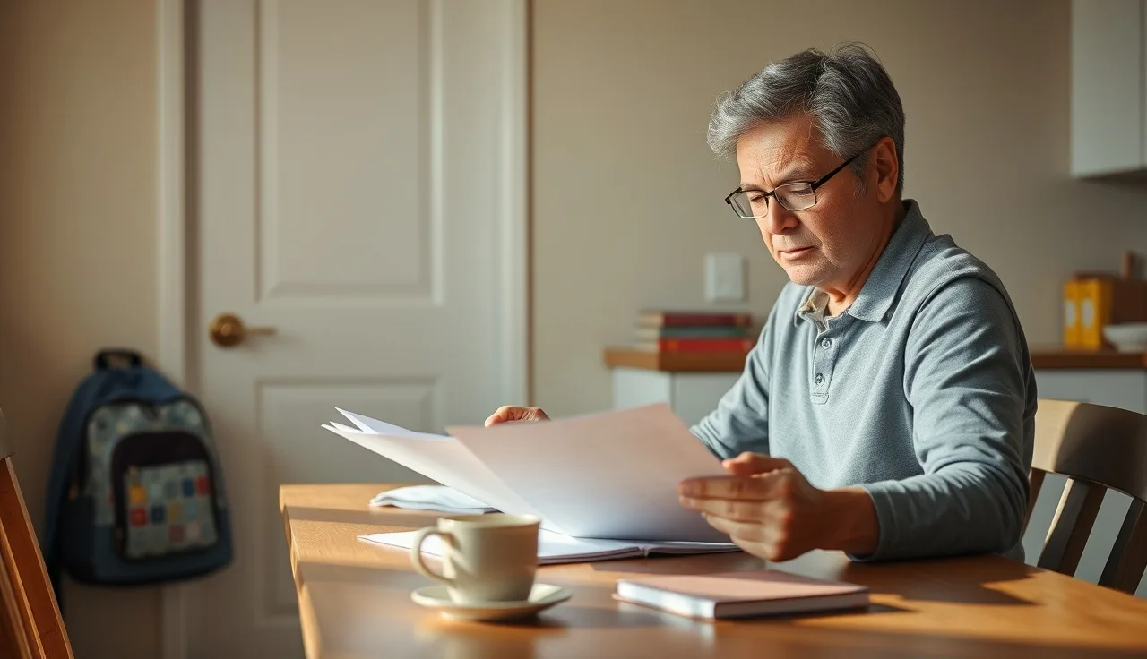 Parent reviewing school documents at kitchen table while advocating for child's rights
