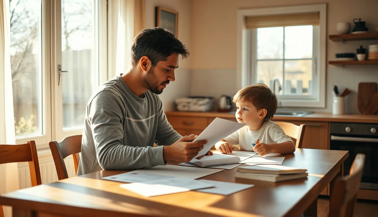 Parent reviewing school documents with child at kitchen table, morning light