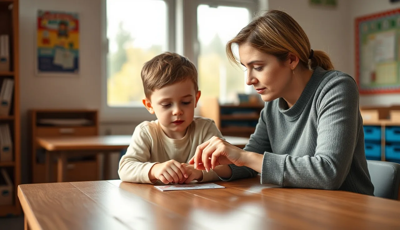 Child and teacher working together on reading cards in a school resource room
