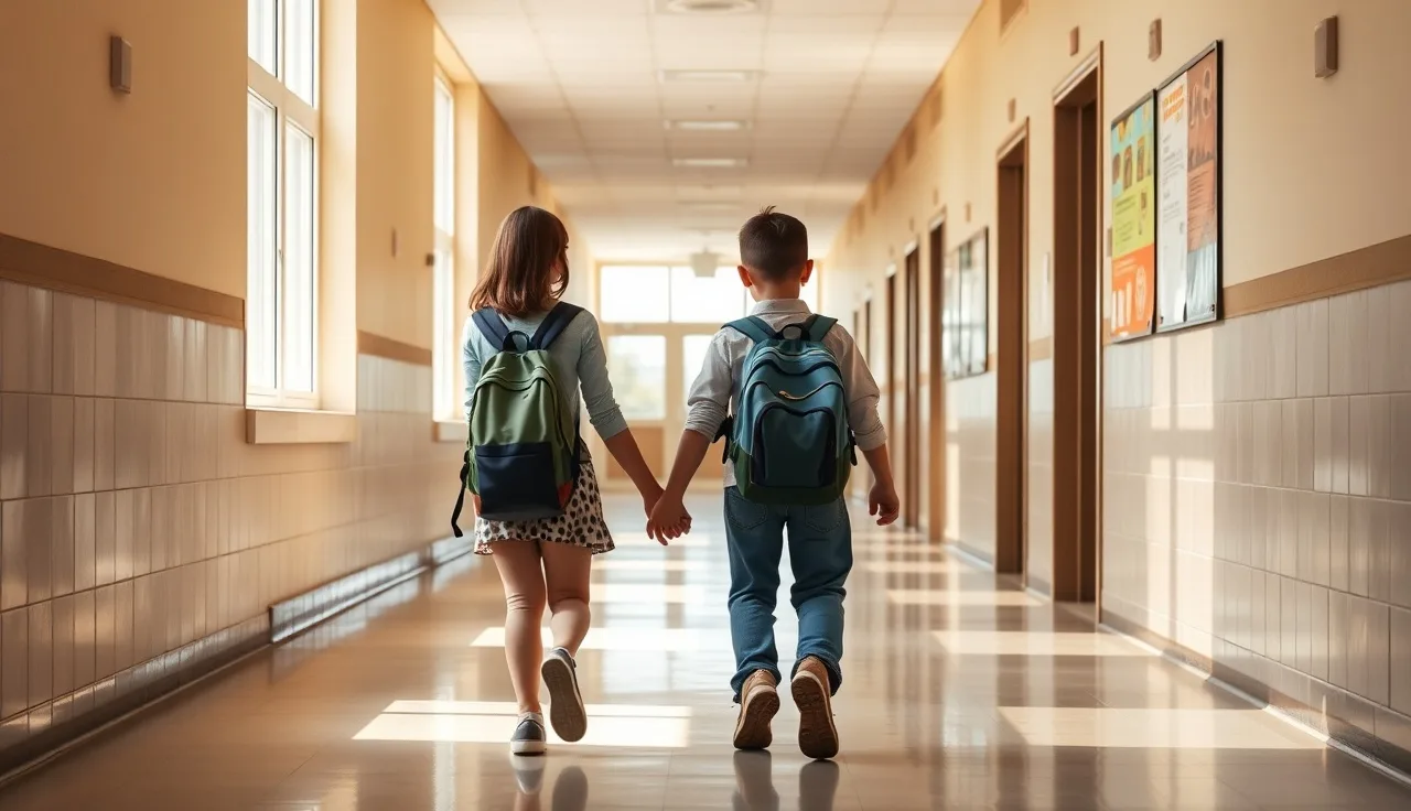 Parent and child walking through a sunlit school hallway on enrollment day
