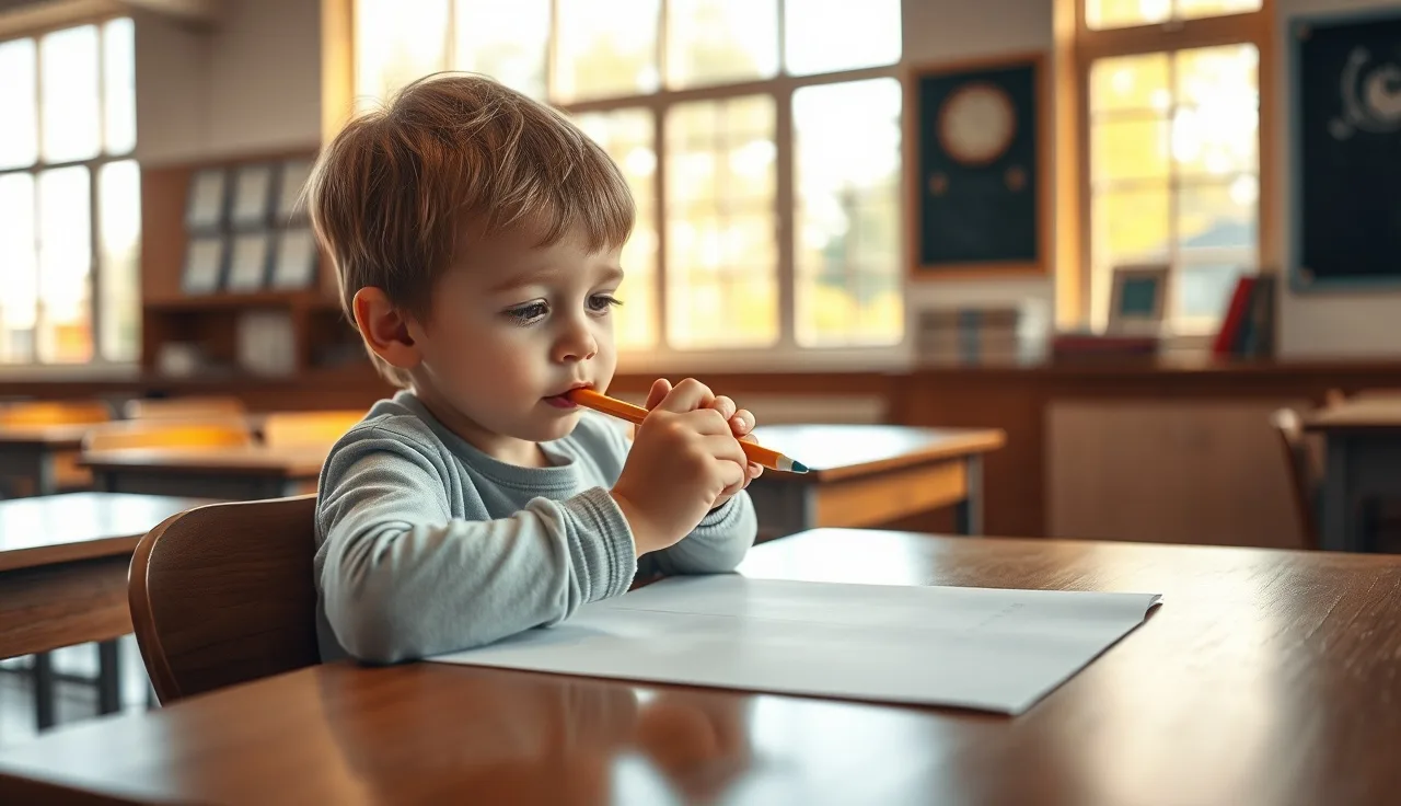 Young child at a school desk struggling to write with a pencil