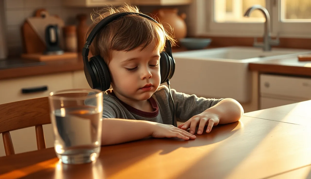 Child with headphones listening at a kitchen table, afternoon light