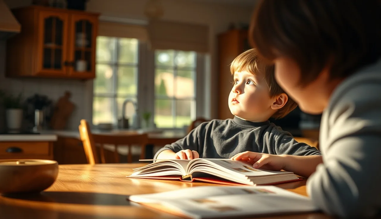 Child and parent reviewing open books at a kitchen table, reading session at home