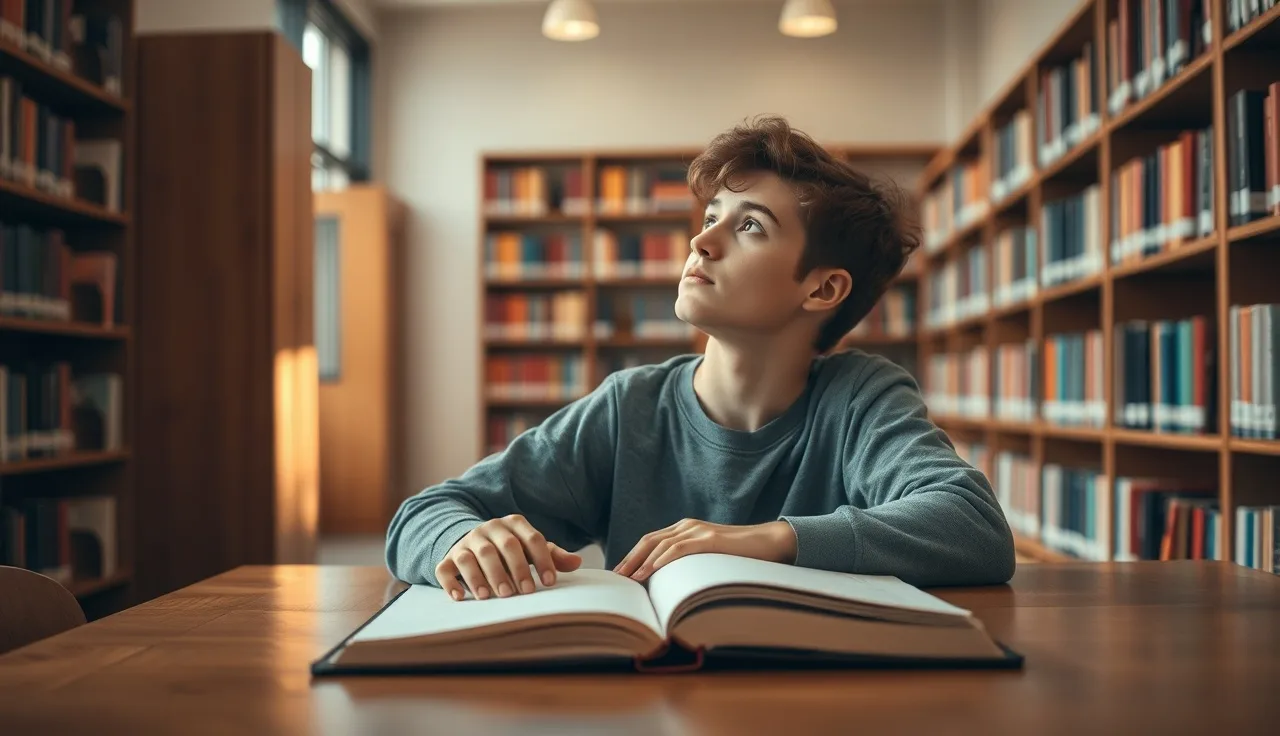 High school student sitting at a library table looking up thoughtfully, afternoon light