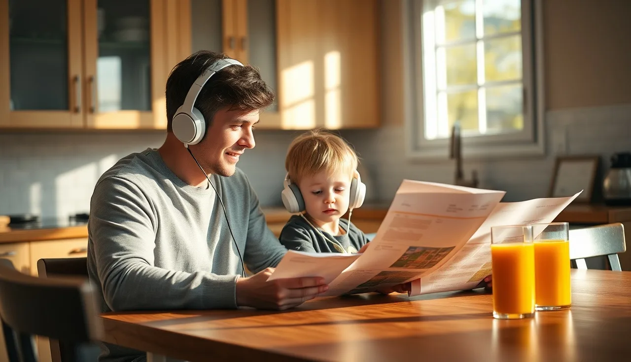 Parent and child at kitchen table, child wearing headphones for audio reading support