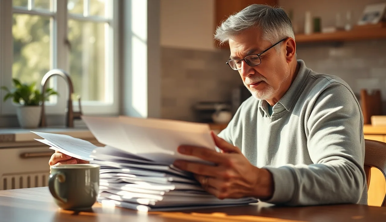 Parent reading a thick document at a kitchen table in morning light