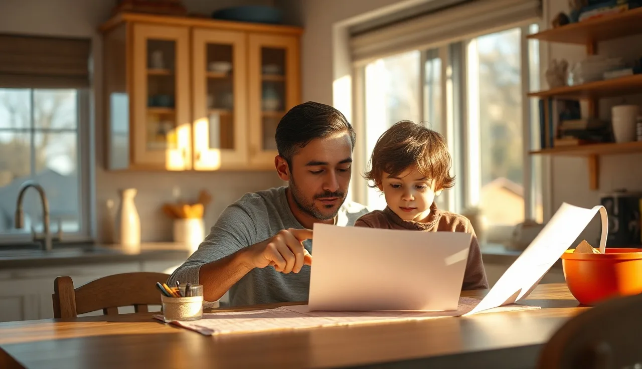 Parent and child reviewing a school support plan document at kitchen table