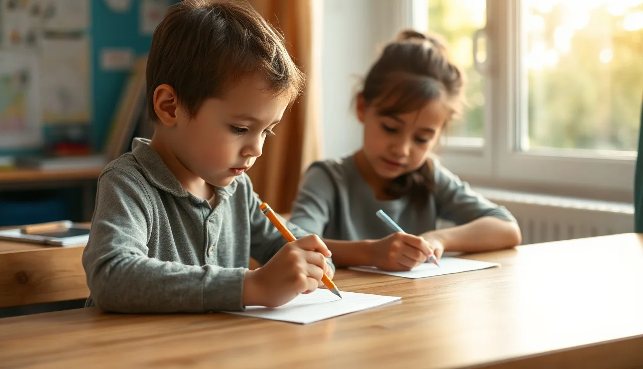 Child working at classroom desk with teacher providing one-on-one support
