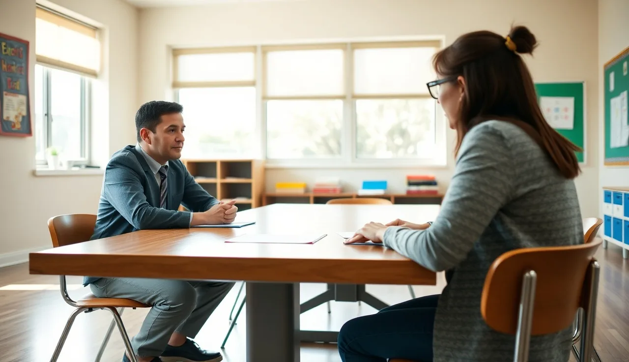Parent and IEP advocate sitting across from school administrator at a meeting table