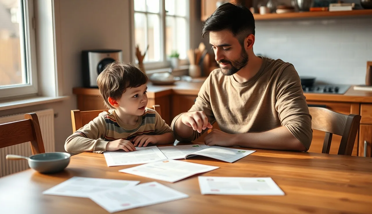 Parent and child reviewing IEP documents together at a kitchen table