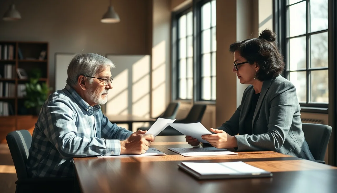 Parent and attorney reviewing special education documents at a sunlit office table