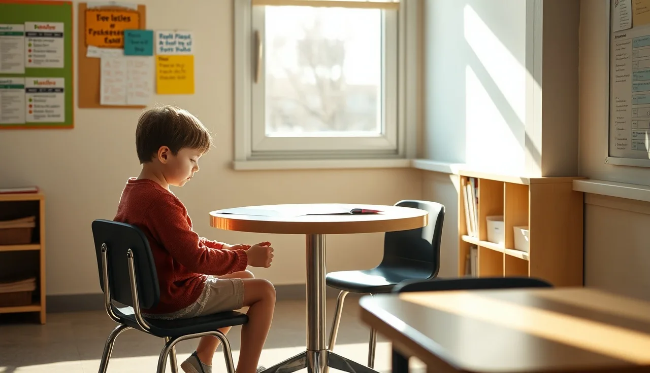 Child and teacher working together at a small table in a school classroom