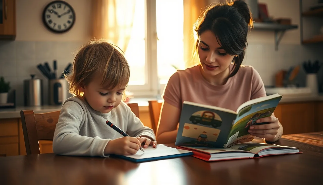 Mother writing IEP notes at kitchen table while child reads beside her
