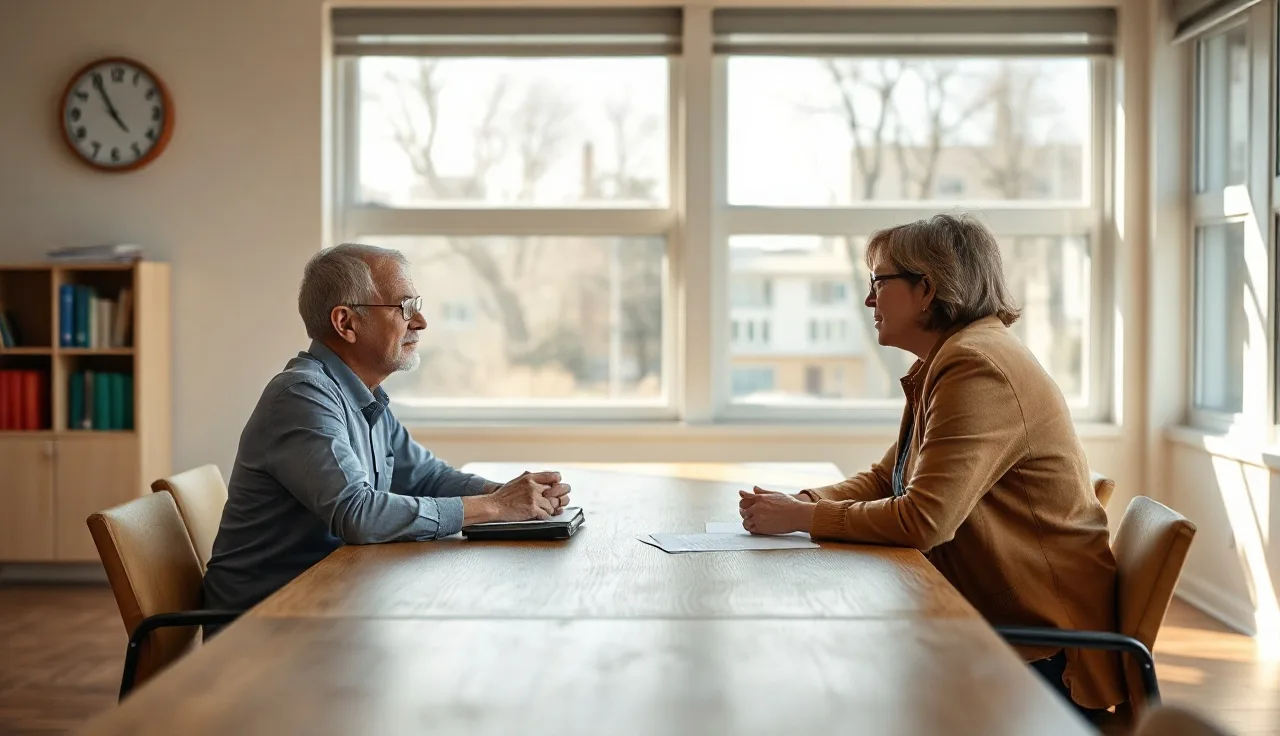 Parent and school administrator reviewing a child's education plan at a conference table