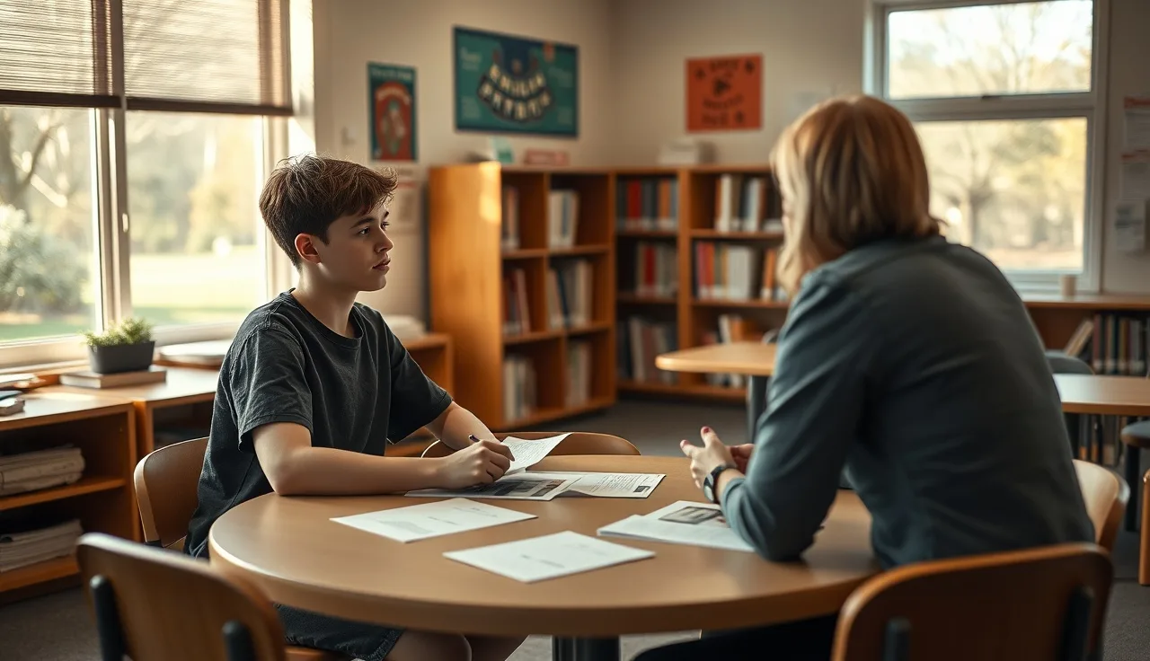 Teenager and school staff member reviewing IEP documents at a table