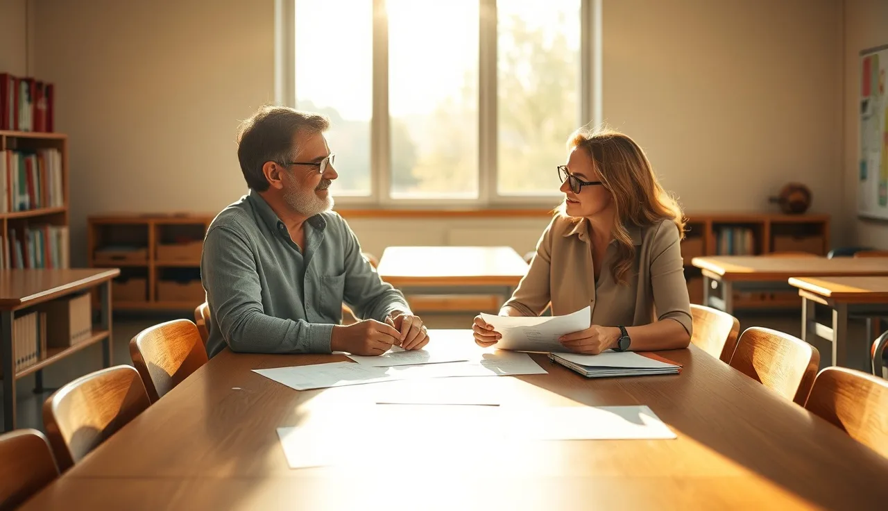 Parent and school counselor reviewing IEP documents at a sunlit classroom table