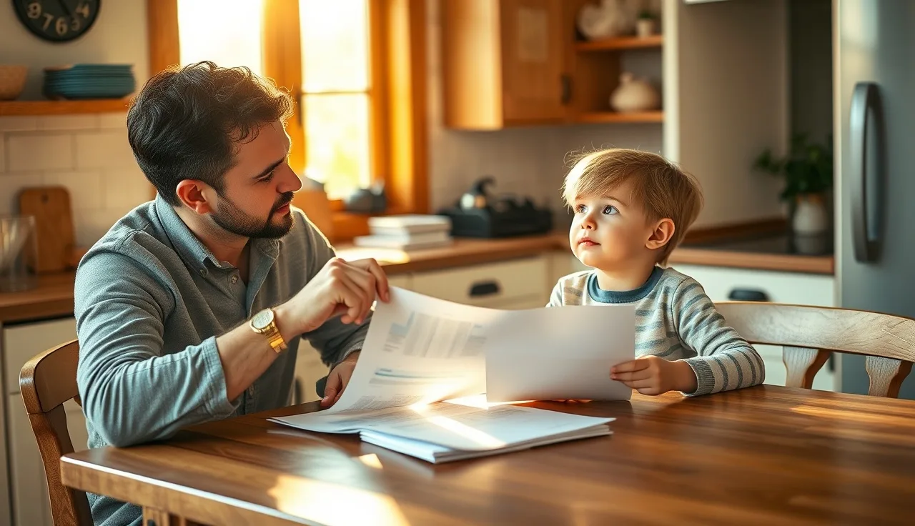 Parent and child reviewing documents together at a kitchen table in morning light