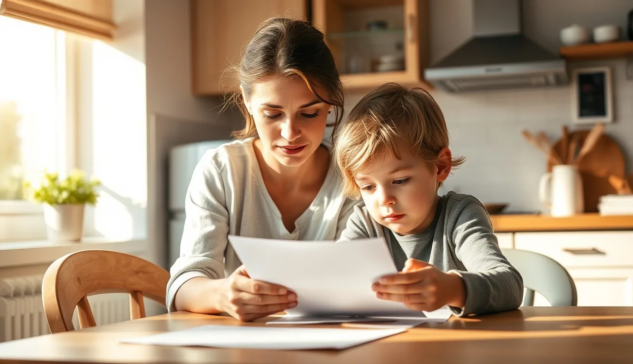 Mother and child reviewing school paperwork together at a kitchen table
