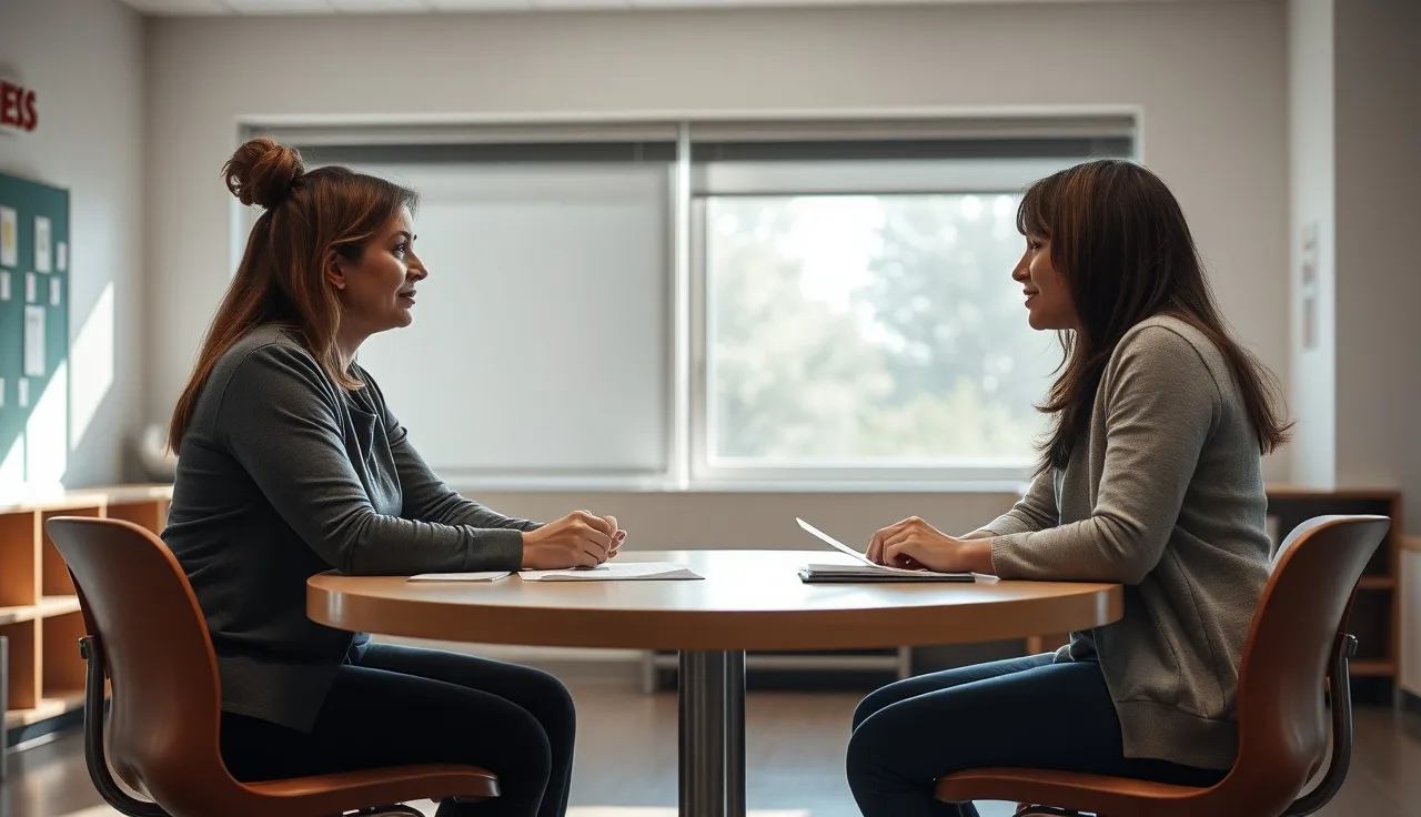 Mother and school counselor talking at a round table during an IEP meeting