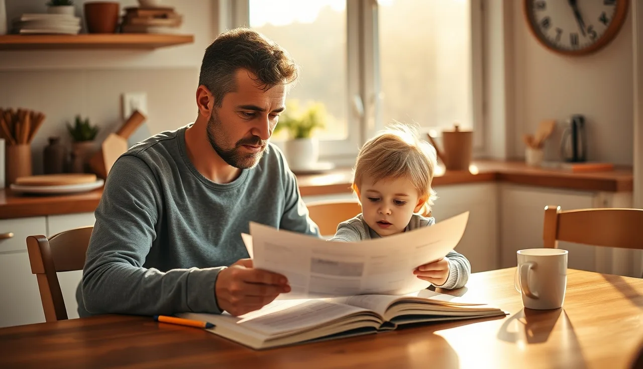 Parent and child reviewing IEP documents at a kitchen table in morning light