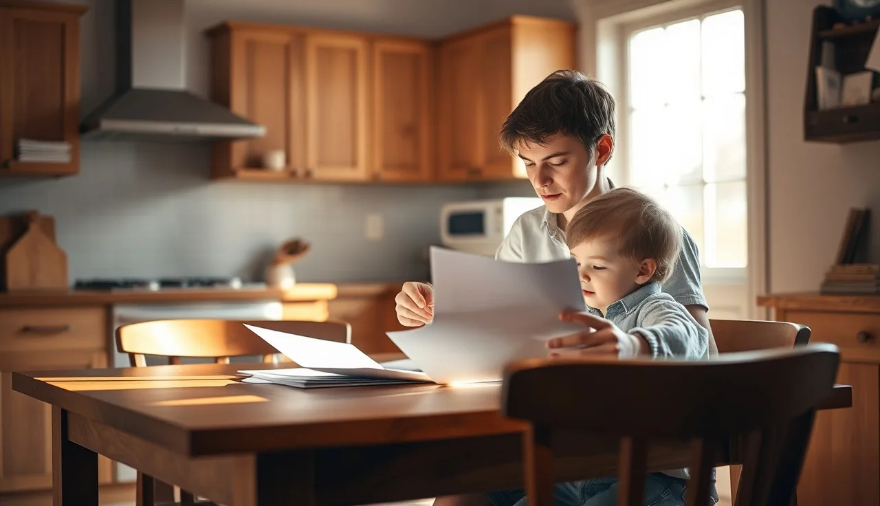 Parent and child reviewing papers together at a kitchen table, IEP discussion